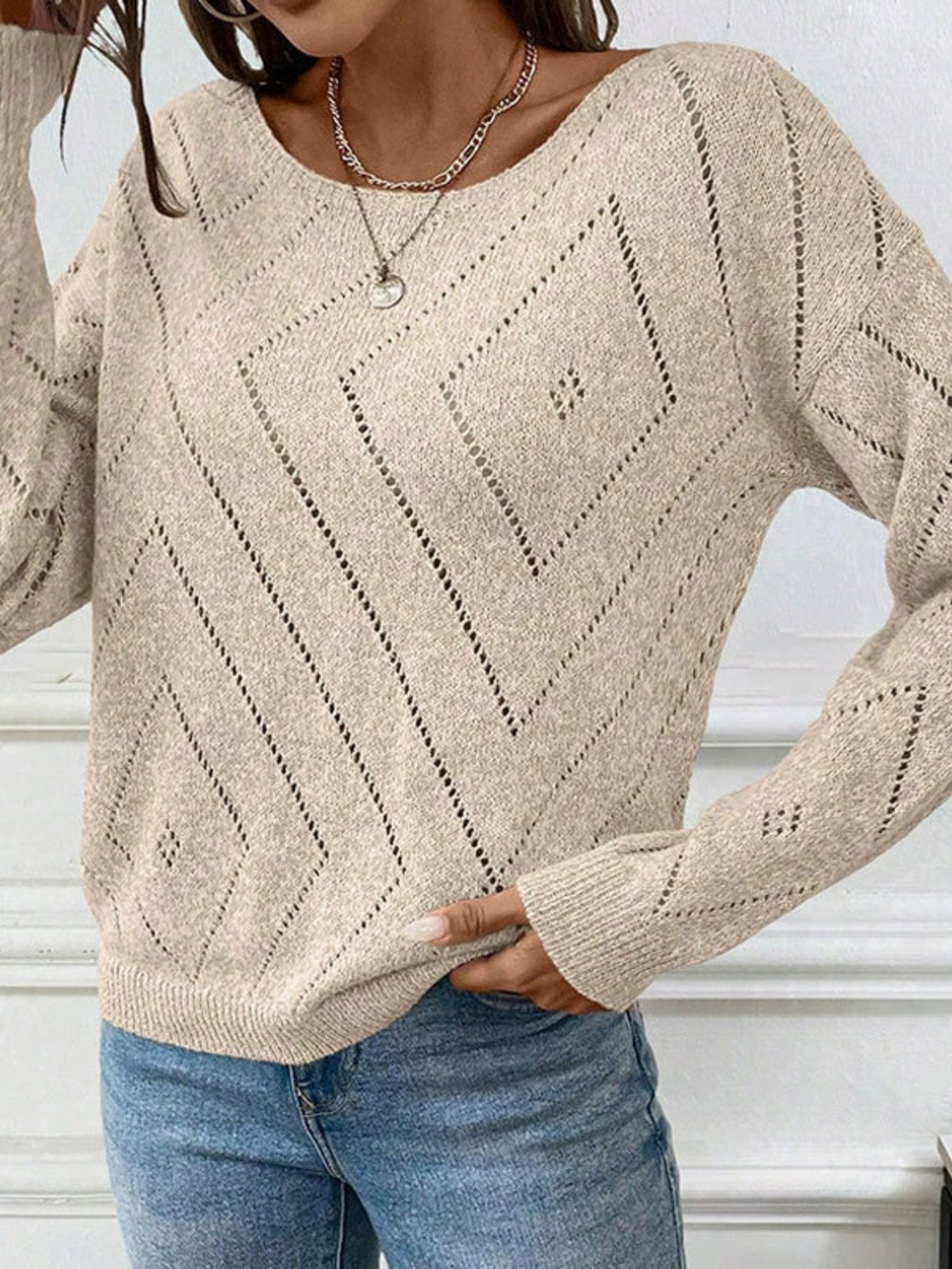 Womens Loose Knit Sweater Diamond Round Neck Long Sleeve Pullover Fall Winter